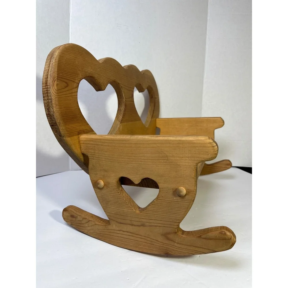 Vintage Wooden Cottagecore Rocking Bench Heart Cutouts Pine  Natural Finish
